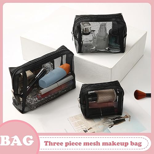 Miniatura 2 de LYDZTION 3 bolsas de maquillaje de malla para cosméticos, bolsa organizadora de viaje con cremallera, bolsa de maquillaje portátil para el hogar,