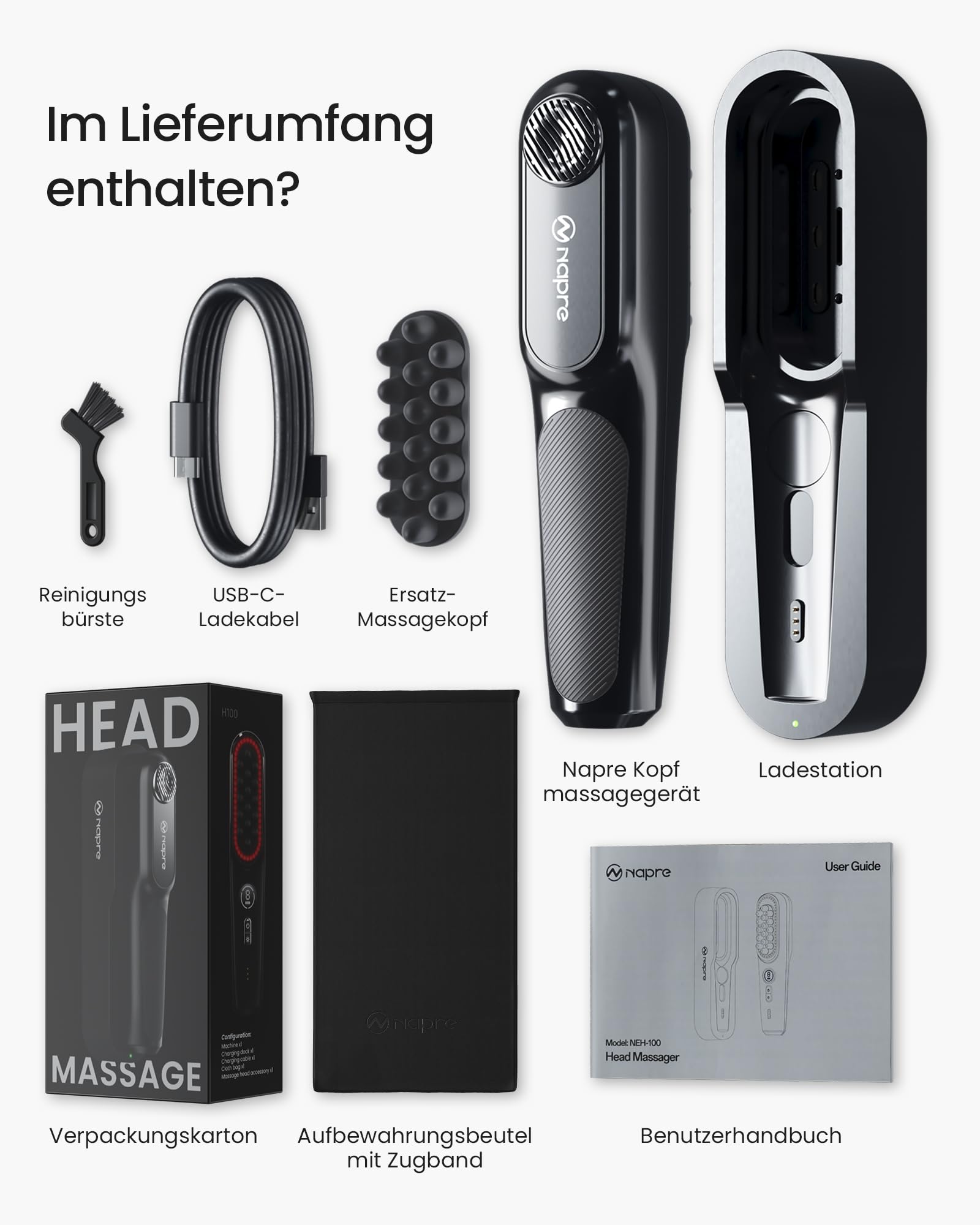 Kopfhautmassagegerät - 2400 U/min seitliche Vibration & Rotlichttherapie-Kopfmassagegerät zur Linderung von Kopfhaut/Gesicht/Nacken, 50 LED-Perlen, 5 Geschwindigkeitsstufen, tragbar mit Ladedock