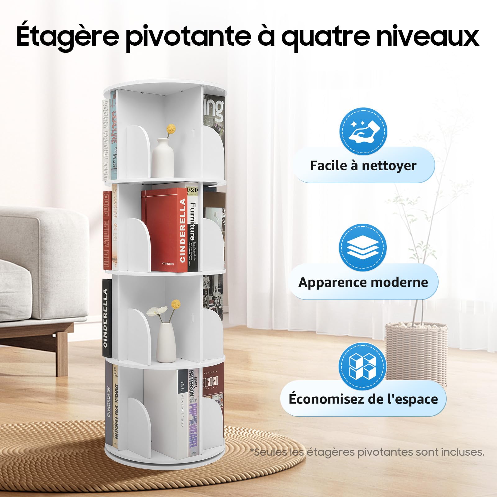 Libreria girevole a 360° a 4 livelli, 39,5 x 115,5 cm, bianco, con 16 scomparti, salvaspazio, portata 60 kg, per soggiorno, cameretta dei bambini e ufficio