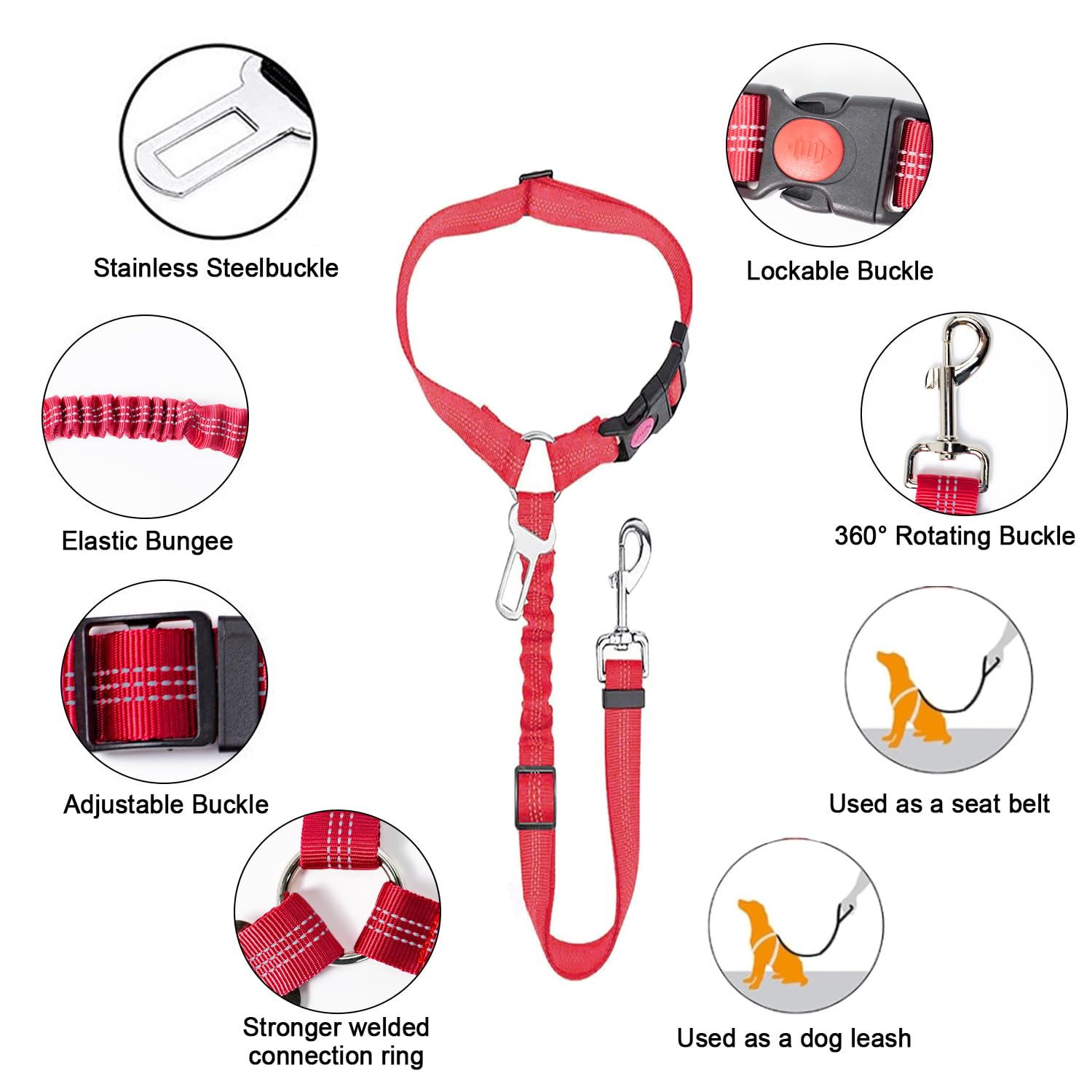MOLHEM 2 Pack Pet Dogs Seat Belt for Car Adjustable Safety Elastic Lead Harness for Cars Anti Shock Elasticated Cushioned Leash (Red) - Image 3