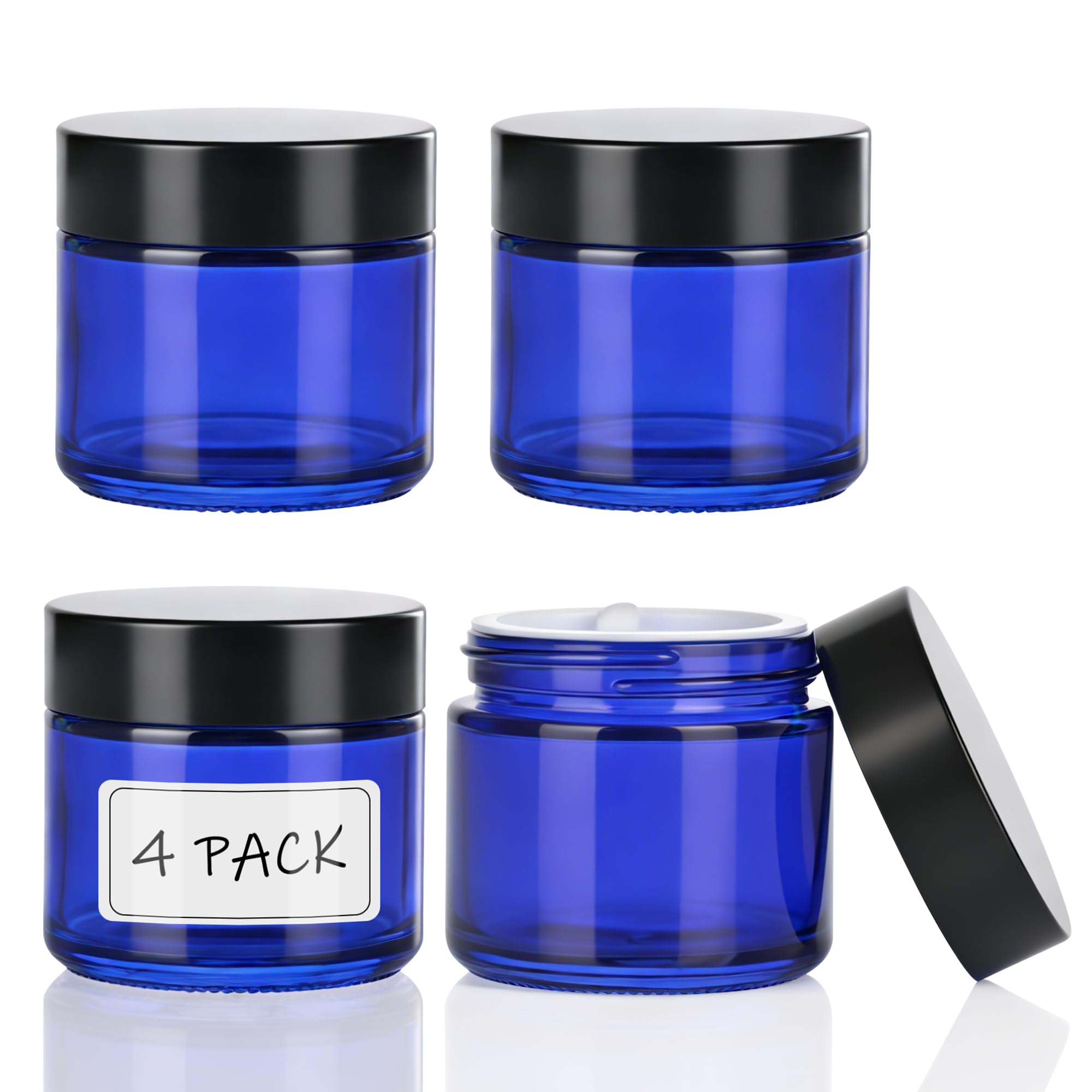 2oz Glass Jars with Lids,Cosmetic Containers with Inner Liners for Creams, Lotions, Body Scrubs, Salve Jars,Blue 4 Pack