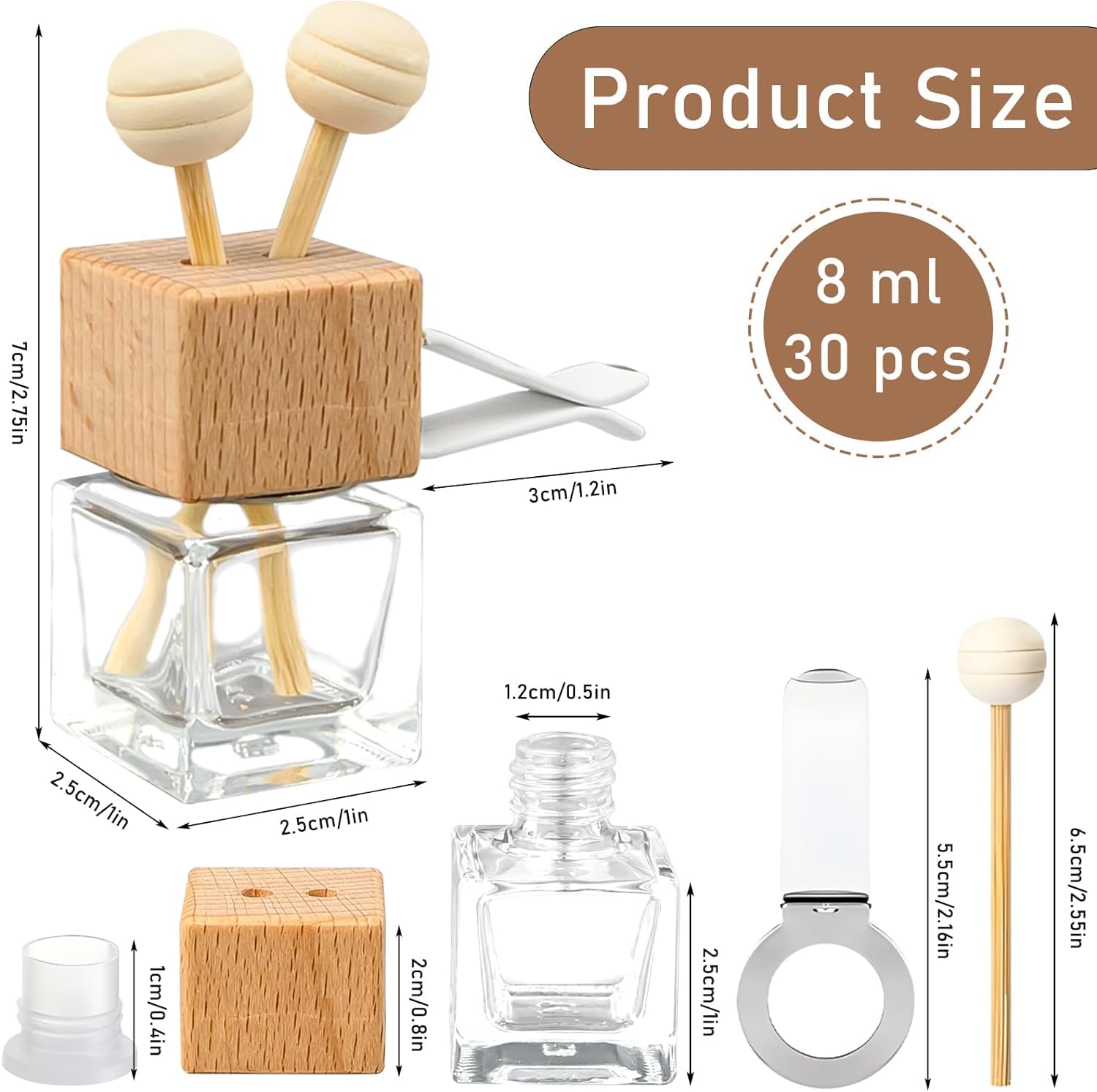 30 x Diffusore di Profumo Auto 8 ML - Flacone Vuoto Trasparente con Tappo in Legno e Clip di Ventilazione - Bottiglia Diffusore di Oli Essenziali per Auto Decorazione profumata