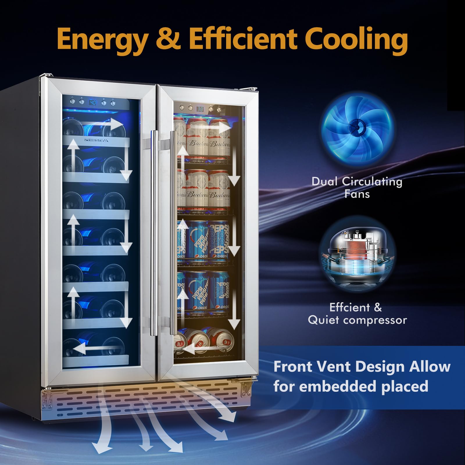 Phiestina Beverage Fridge, 24 Inch Wine And Beverage Refrigerator, Under Counter Wine Cooler- 20 Bottles & 76 Cans, Built-In/Freestanding Dual Zone With Glass Door on Fridge.com - View 4