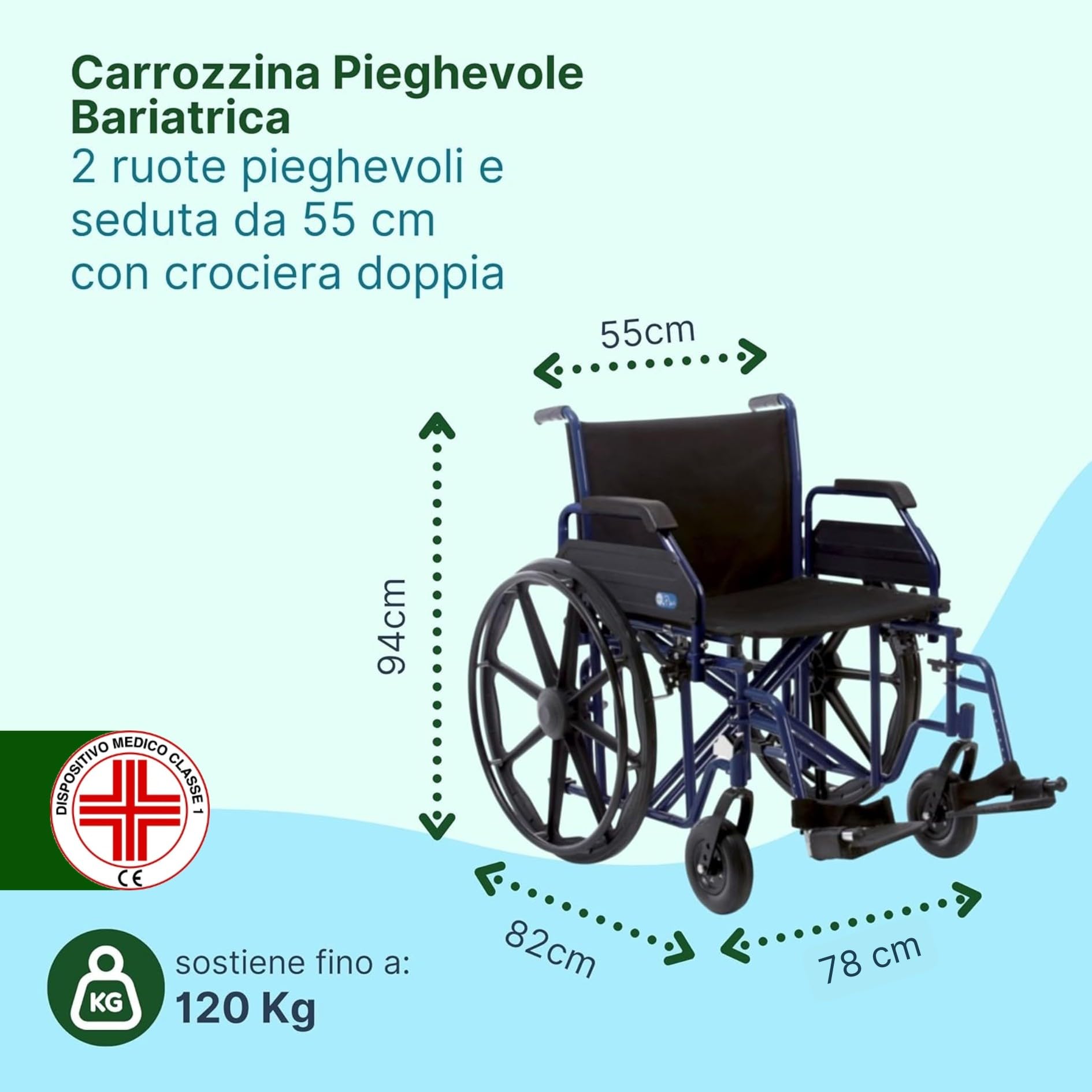 Sedia a Rotelle Bariatrica ad Autospinta, Seduta 55 cm, Blu | Carrozzina per Disabili in Acciaio Pieghevole, Portata Massima 200 kg