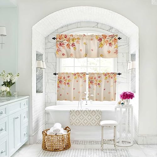 Miniatura 7 de Juego de cortinas semitransparentes con bolsillo para barra, cenefa y niveles de 24 pulgadas de largo, cortinas de hojas de otoño para Acción de