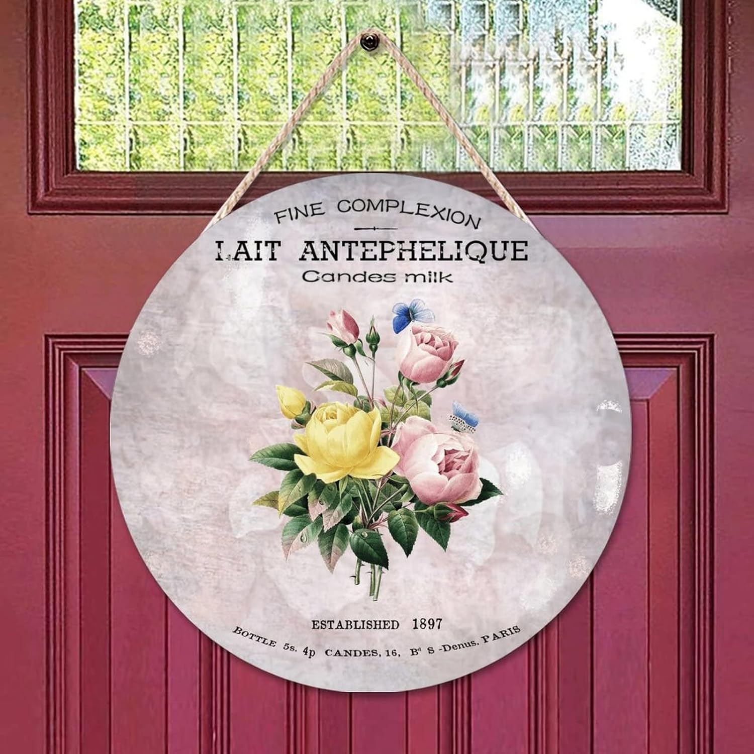Flower Front Door Round Wood Sign, French Vintage Flower Wood Door Sign, Vintage 16x16in Wall Door Hanging Sign Decor for Outdoor Front Porch Farmhouse Housewarming Gifts