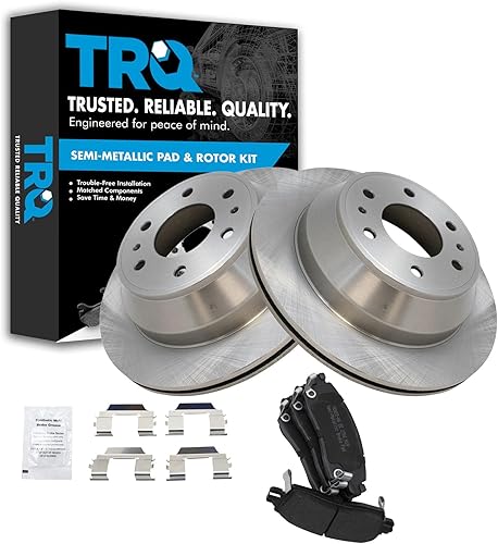 TRQ Juego de pastillas de freno semimetálicas traseras y rotores compatibles con Chevrolet Trailblazer 02-06 Trailblazer EXT 04-06 SSR 02-07 GMC