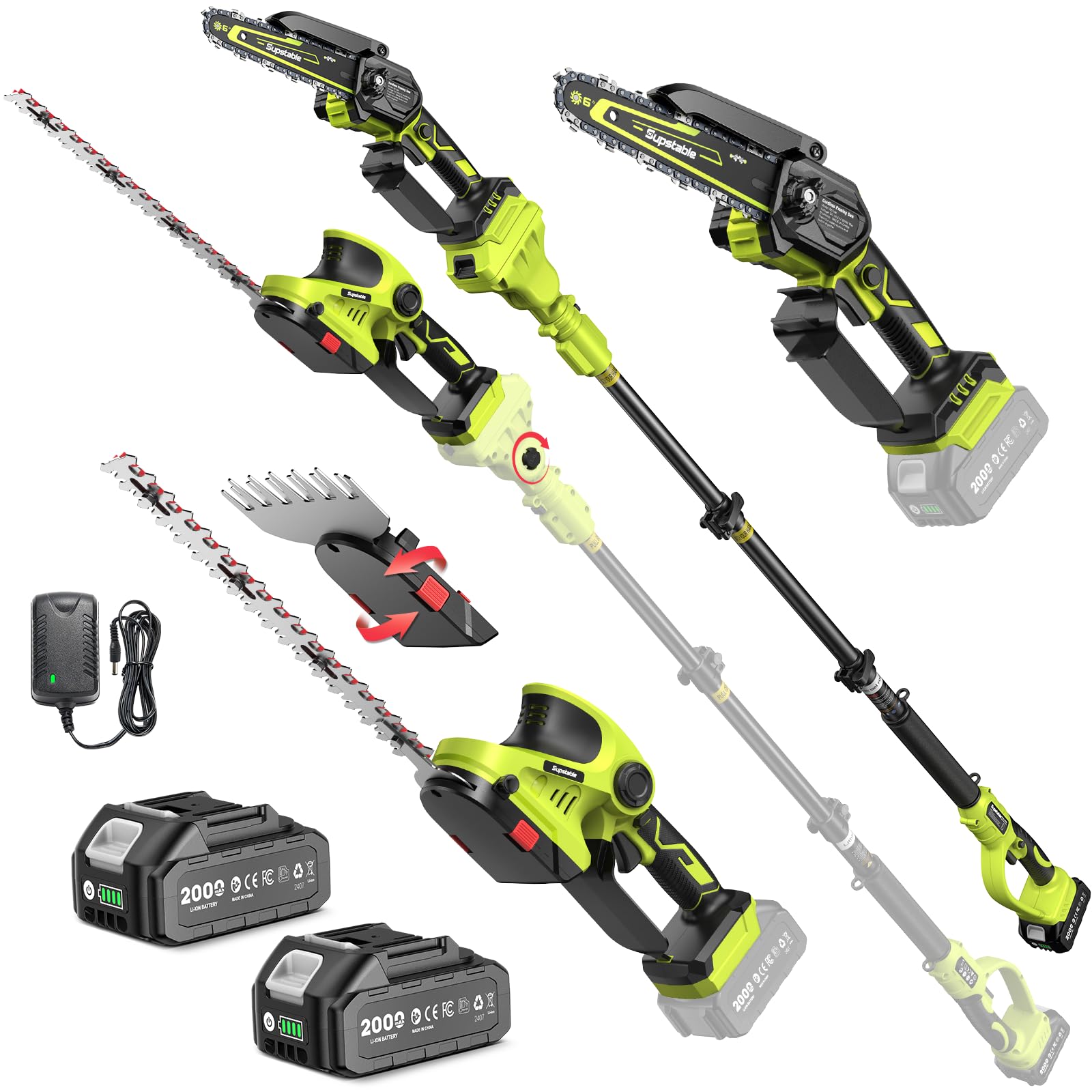 Supstable Cordless Pole Saw &amp; Hedge Trimmer 6-in-1, Mini Chainsaw Cordless/Electric Hedge Trimmer with Extension Pole, 15Ft Reach, Extendable Tree Pruner, Bush Trimmer Limb Branch Cutter, Grass Shears