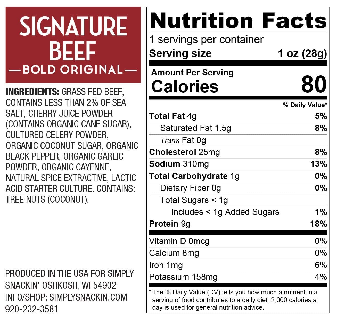 Simply Snackin' - Dried Grass Fed Beef Snacks, High Protein, Low Calorie, Low Sugar, Low Carb, Low Fat, Gluten Free, 20 Serving Pack (Signature Beef Bold Original)