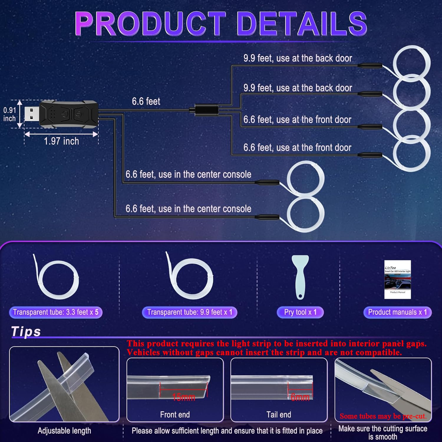 LivTee Luces LED Inteligentes para Interiores de Coche con Puerto USB, Tira de Luces LED de Fibra óptica, Control de aplicación inalámbrica, sincronización con música, Accesorios de Coche, Regalos