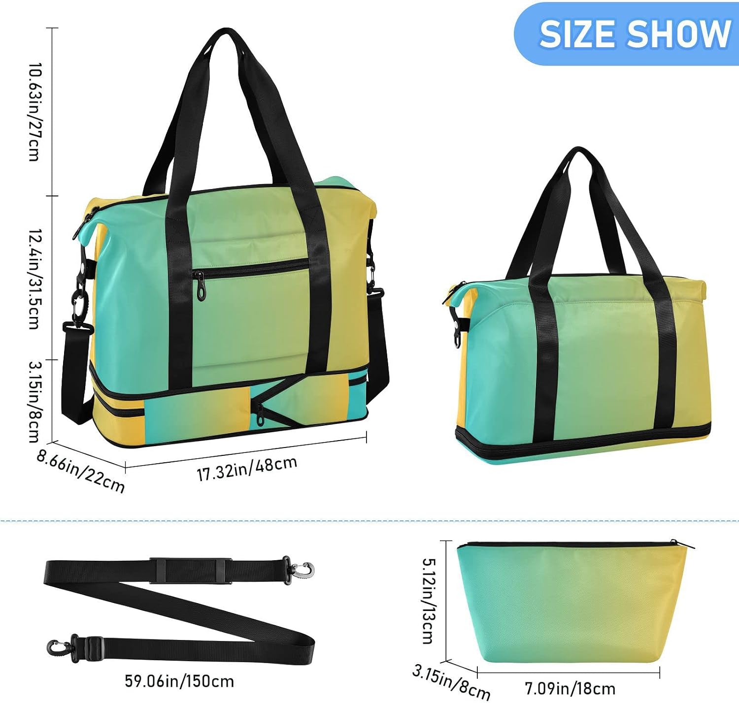 Turquoise Yellow Gradient Travel Duffle Bag for Women Men Sports Duffel Bag with Separate Shoe Compartment and Toiletry Organizer Travel Bag Gym Bag for Travel Beach Gym