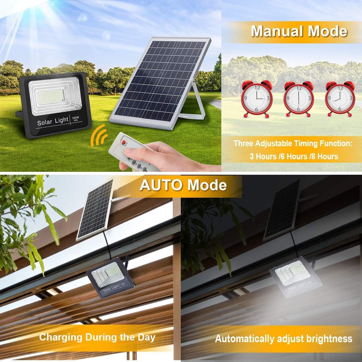 100W Solar Flood Lights Outdoor Waterproof with Remote Control Security Lighting for Yard,Garden,Gutter,Basketball Court, Arena,Garage, Warehouse, Playground, Hotel, Farm (100W)