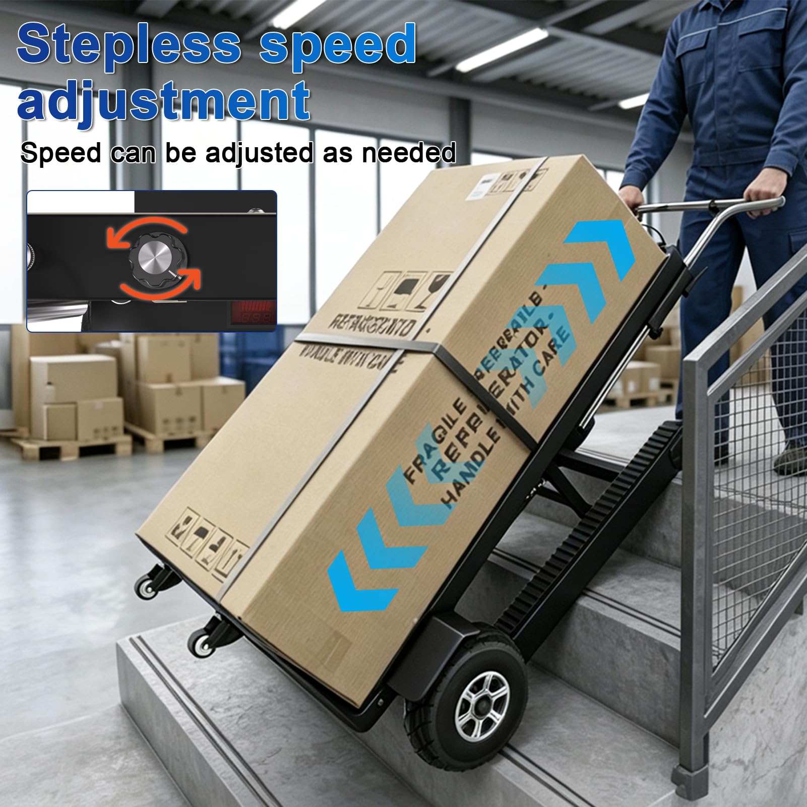 1200W Elektrischer Treppensteiger, Elektrische Sackkarre 500 Kg Tragkraft mit Bürstenloser Motor, Treppen & Abstiege BewäLtigen, Stair Climber mit Gummiketten für Möbeltransportieren Blau
