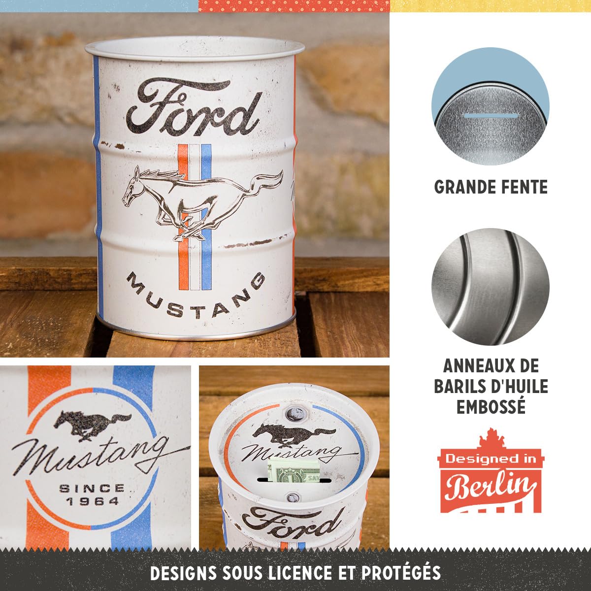Tirelire Rétro Ford Mustang GT 1967 Motor Oil 600 Ml – Boîte à Pièces Métal Vintage, Idée Cadeau Officielle Pour Fans Ford