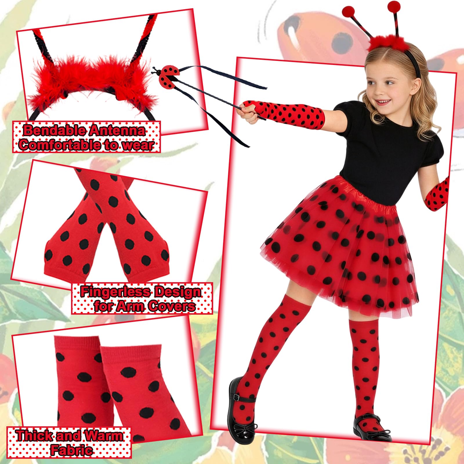 Ladybird Costume Girls 3-7Y, Polka Dot Tutu + Arm Covers + Leg Warmers+Ladybird Headband+Magic Wand - Image 3
