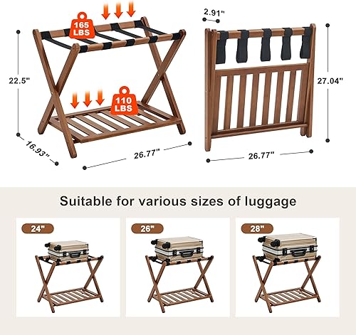 Miniatura 3 de Juego de 2 portaequipajes de nogal totalmente montados, soporte de bambú para habitación de invitados, 5 correas de nailon, soporte plegable de