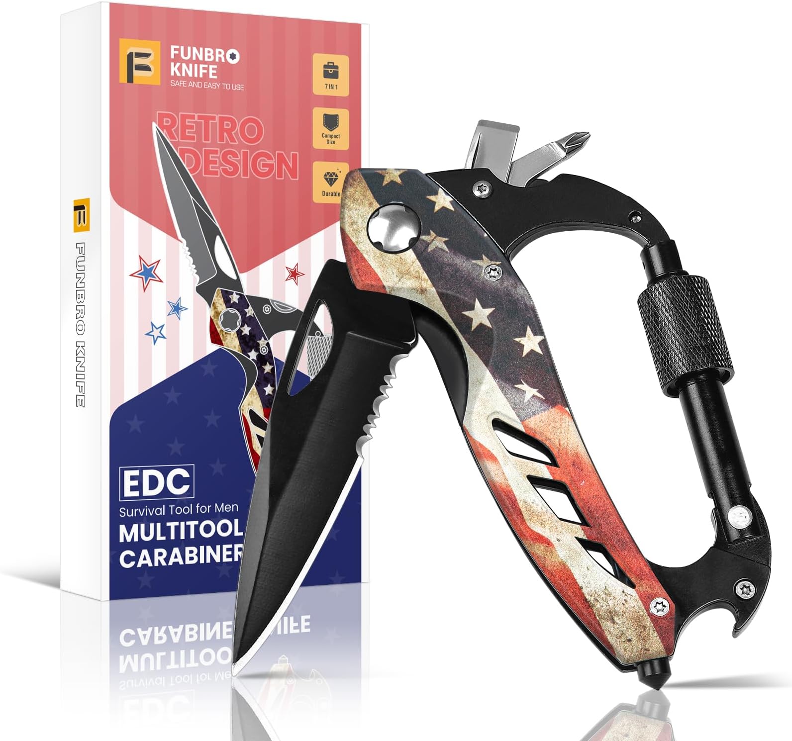 FUNBRO Multitool Carabiner Knife Tools for Men, Cool Gadgets Survival Gear with Folding Knives, Bottle Opener, Window Breaker and Screwdriver for Hiking Camping, 7-in-1 EDC Multi Tool (USA Flag)