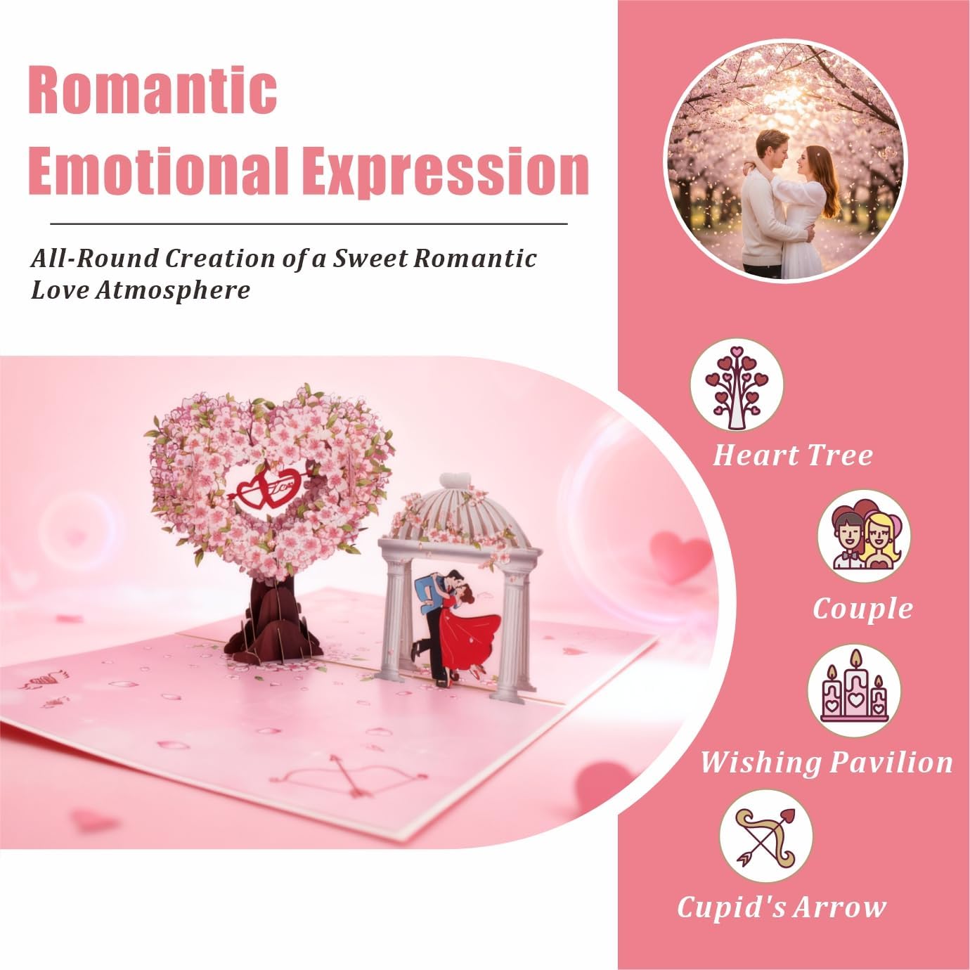 Pop Up Anniversary Card - 3D Cherry Blossom Heart Tree, Couple & Wishing Pavilion Love Card - Ideal Pop Up Wedding Card for Anniversary, Valentine’s, Birthday (6x8 inches) | For Wife, Husband, Her, Him, Girlfriend, Couple - Image 6