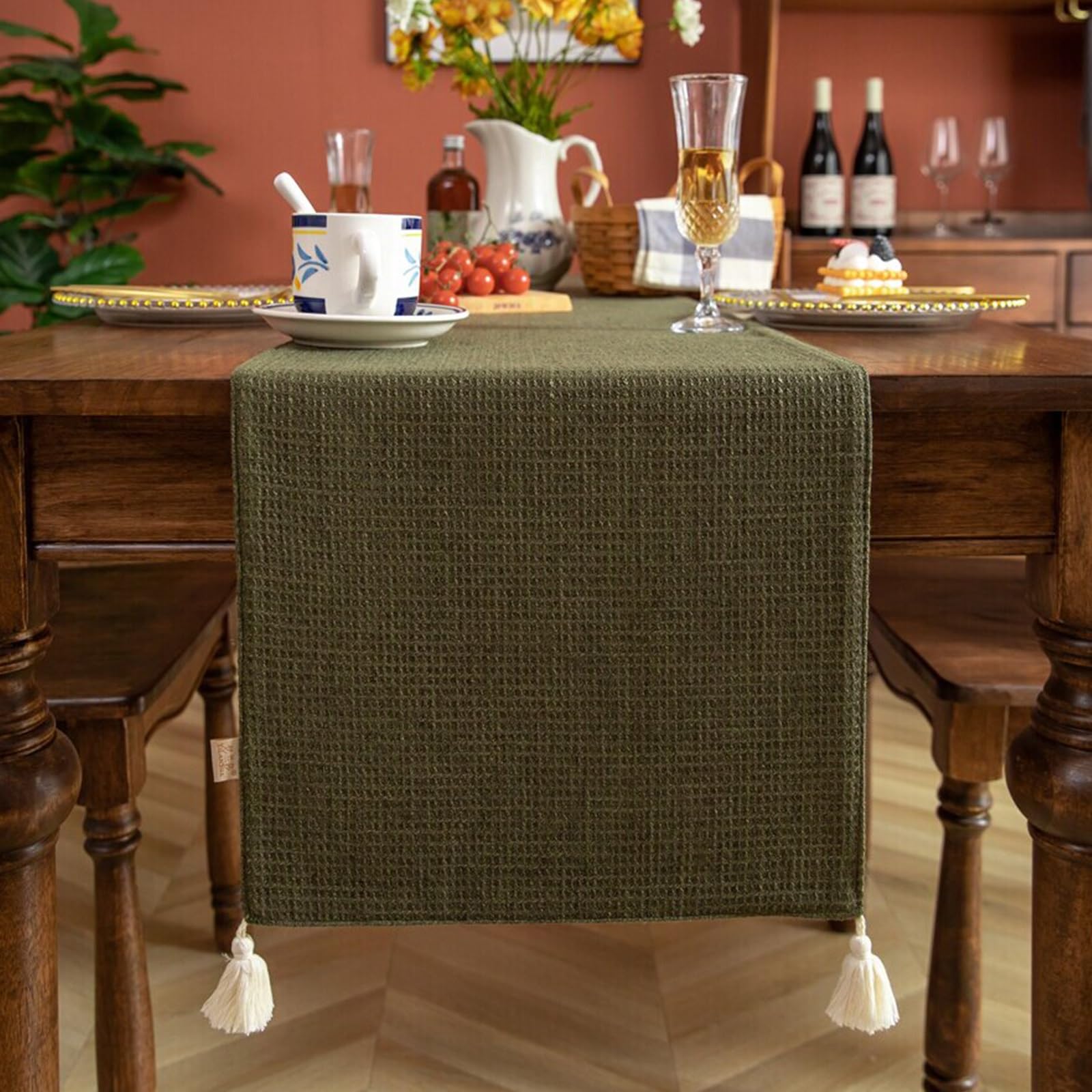 Reversible Table Runner,Double-layered Waffle-weave Table Runner with Tassels,Farmhouse Style Suitable for Dining Tables, Wedding Parties, and Home Decor.(L300cm/118.1in)
