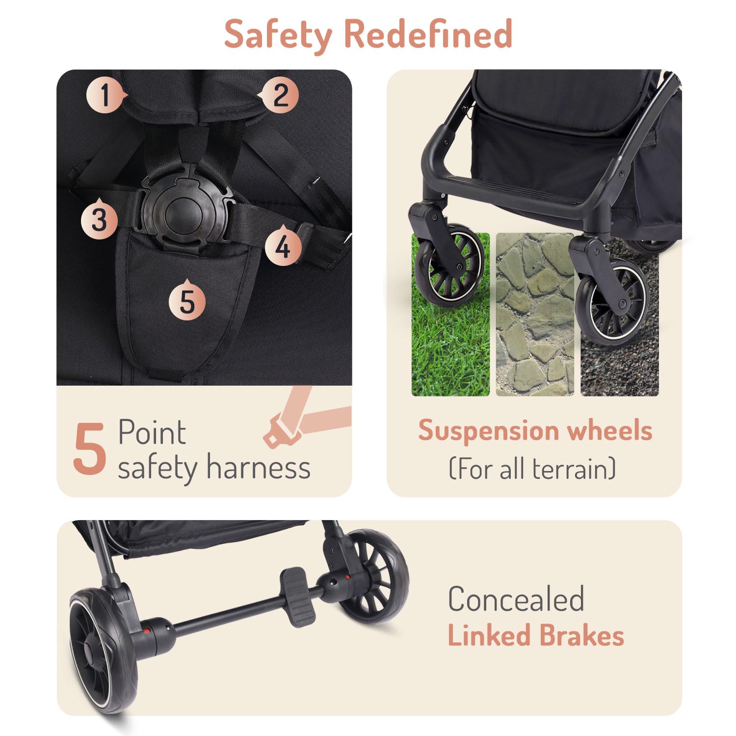 Bonfino Aero Lite Premium Baby Cruiser Stroller with 5-Point Safety Harness&Reclining Backrest, Stroller for 0-3Years Foldable, Storage Basket,Swivel Wheels,Lightweight Pram for Baby/Toddler,Black 1