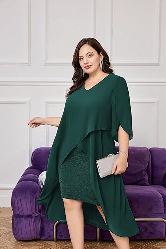 Miniatura 6 de Hanna Nikole Vestido de cóctel de gasa para mujer, talla grande, con volantes, manga 34, vestidos de fiesta de invitados de boda con dobladillo alto