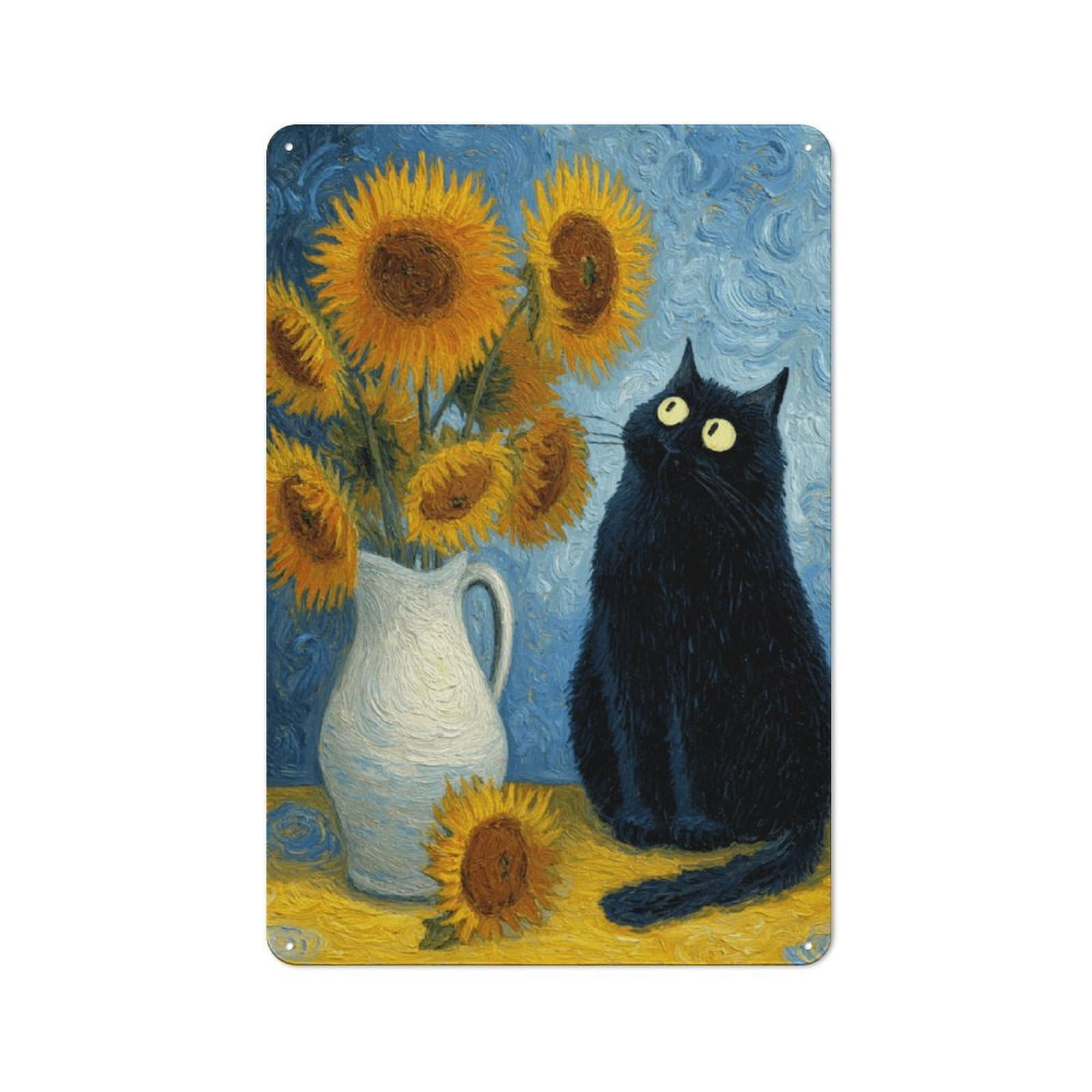 Junmoney Style-3 Vincent's Sunflowers With Black Cat Vintage-Inspired Tin Sign 30X20cm For Café Or Restaurant, For Cooler-Month Interiors With Vintage Character