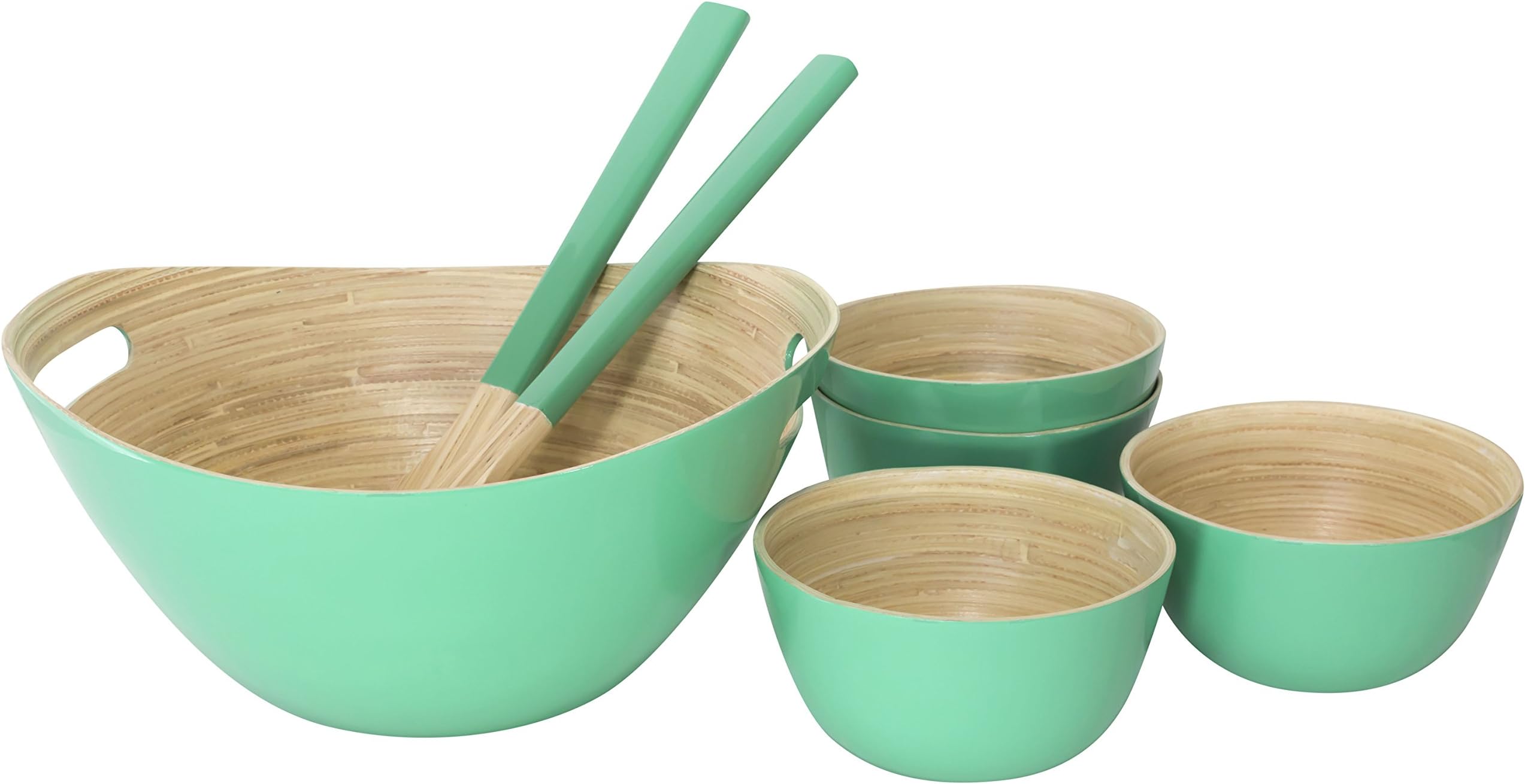 Bamboo Salad Server Set, Large Salad Bowl, 4 Serving Bowls, Tongs (Aqua)