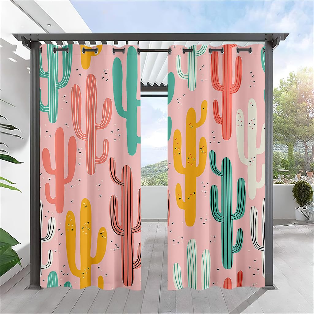 Rideaux D'extérieur Impermeable, 3D Cactus Rideau Terrasse avec Oeillet, Protection Solaire Rideaux pour Pergola, Cabanon Jardin Exterieur, Gazebo (W137x L304cm,Cactus coloré)