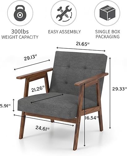 Miniatura 3 de Sillón moderno de mediados de siglo, sillón tapizado de tela con marco de madera de goma maciza para sala de estar, cómodo sofá en color gris