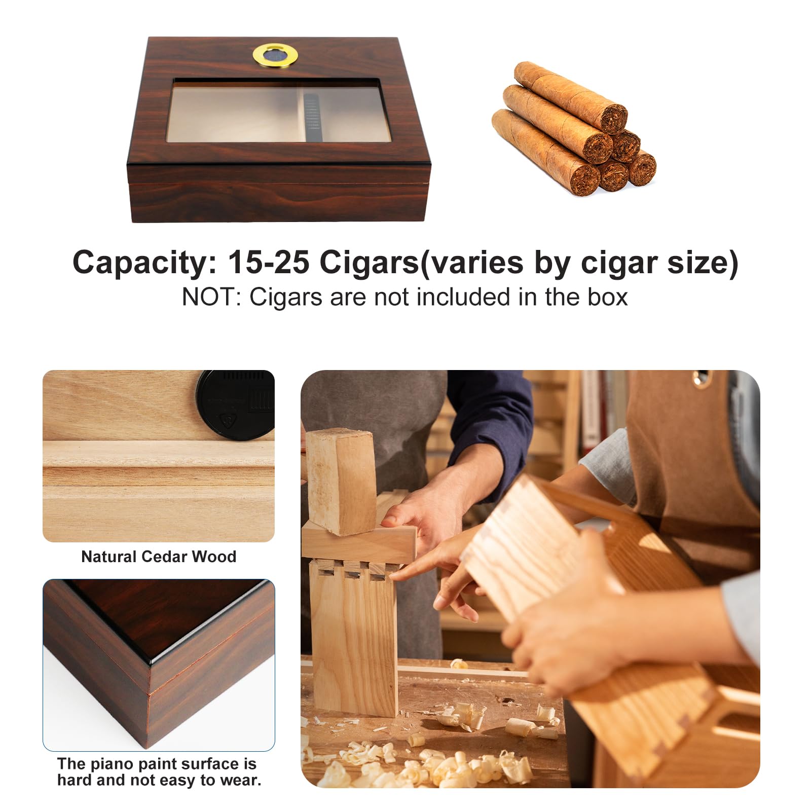 Zigarren-Humidor, Dayear Desktop-Humidor Zigarrenbox für 15-20 Zigarren (Zigarren sind nicht im Lieferumfang enthalten), handgefertigte Holz-Zigarrenkiste mit Hygrometer und Luftbefeuchter, Trennwand