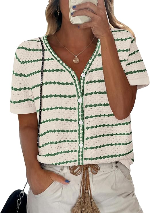 NALANISA Women's Short Sleeve Sweater Spring Summer Crochet Knit Tops 2026 V Neck Striped Button Down Dressy Casual Blouses