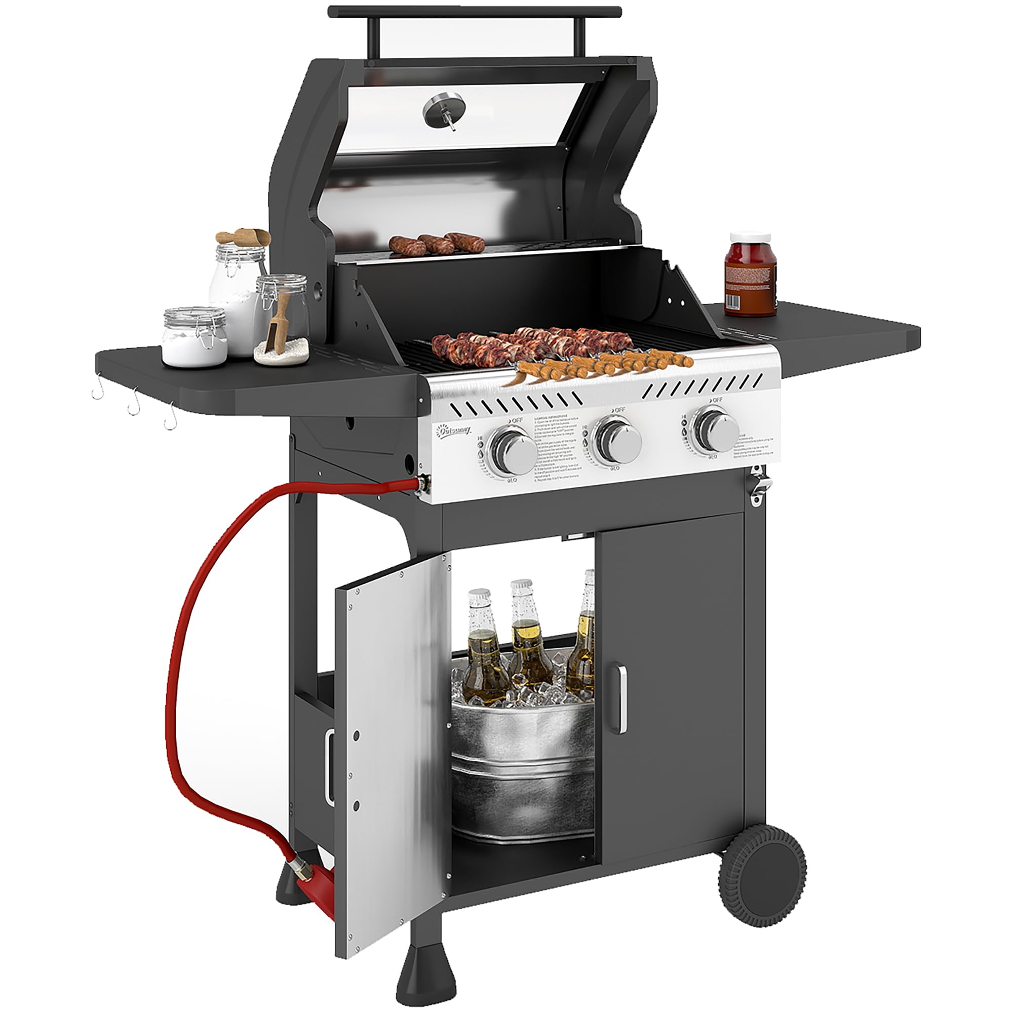 Rackhams Black 3 Burner Propane Gas Bbq Grill With See-Through Lid And Thermometer - Galvanised Steel, Stainless Steel - 123L X 53W X 110Hcm
