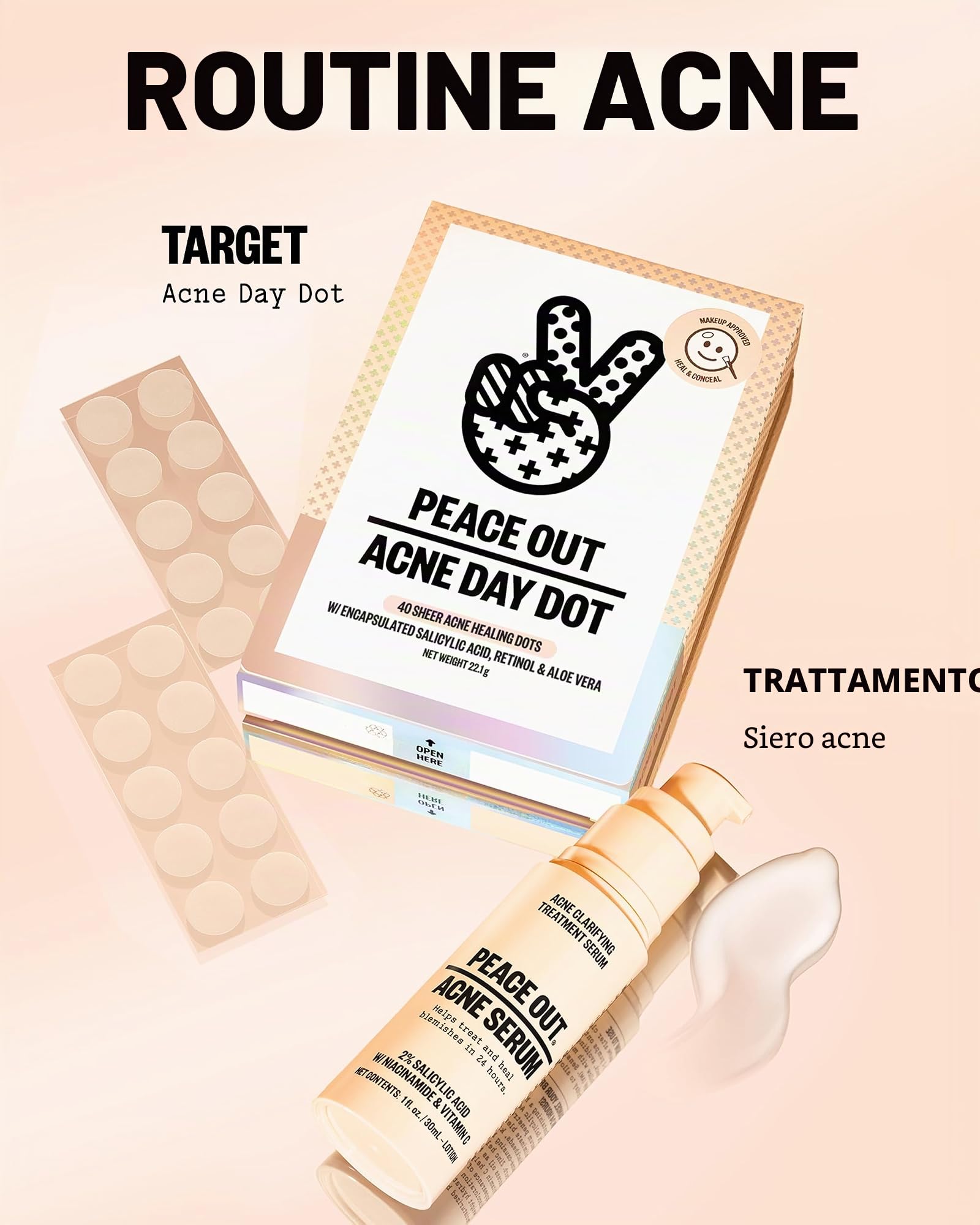 Peace Out Skincare Acne Day Dot Jumbo, cerotti idrocolloidali velati ad azione rapida con acido salicilico, ultra sottili, praticamente invisibili, eliminano rapidamente scoppi, imperfezioni e brufoli