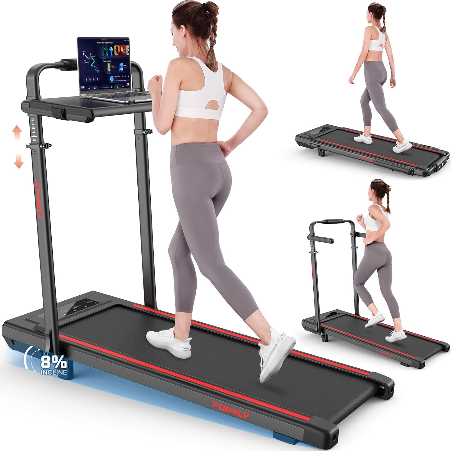 Walking Pad Treadmill with Desk Workstation, Incline Foldable Treadmill with Handrail, 300lbs Capacity, 3 Control Methods, Folding Treadmills for Home Office