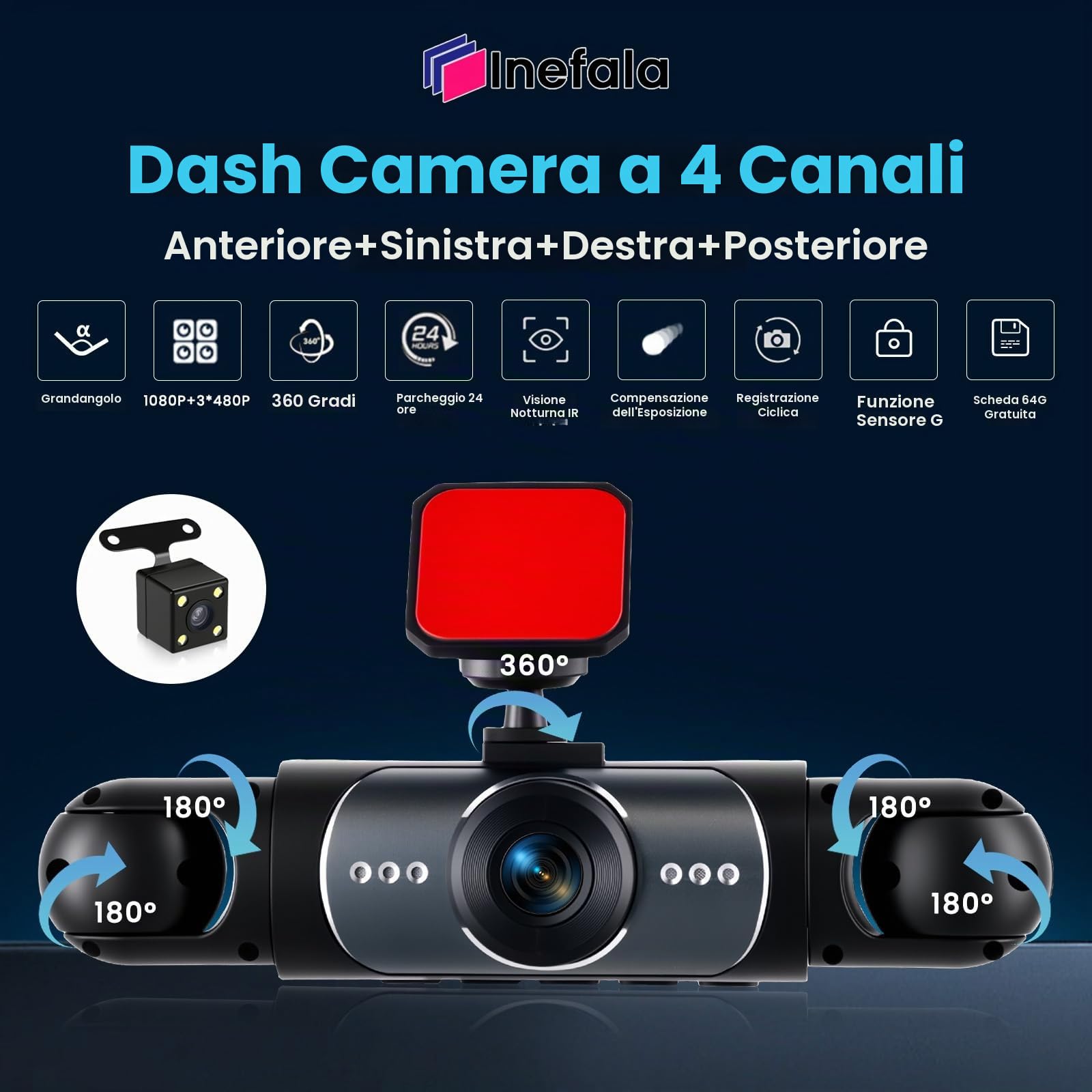 Inefala Dash Cam 4 Canali 360 Gradi 1080P con Scheda 64GB | 3,16 Pollici Touchscreen IPS, Anteriore Interna Posteriore, G-Sensor, Registrazione Loop, Visione Notturna, Grandangolo