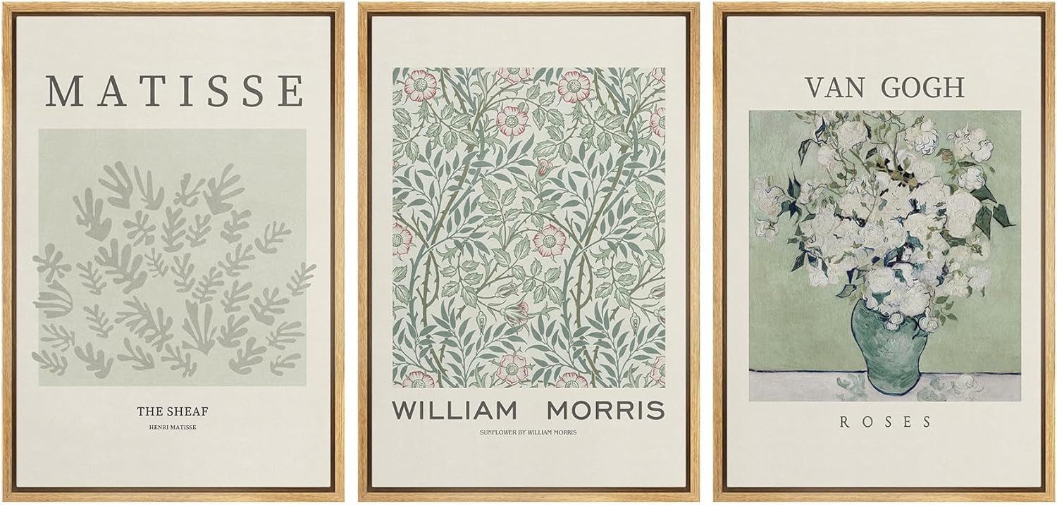 wall26 Framed Canvas Print Wall Art Set Matisse, William Morris, Van Gogh Photography Modern Rustic Scenic Colorful Multicolor for Living Room, Bedroom, Office - 24"x36"x3 Natural