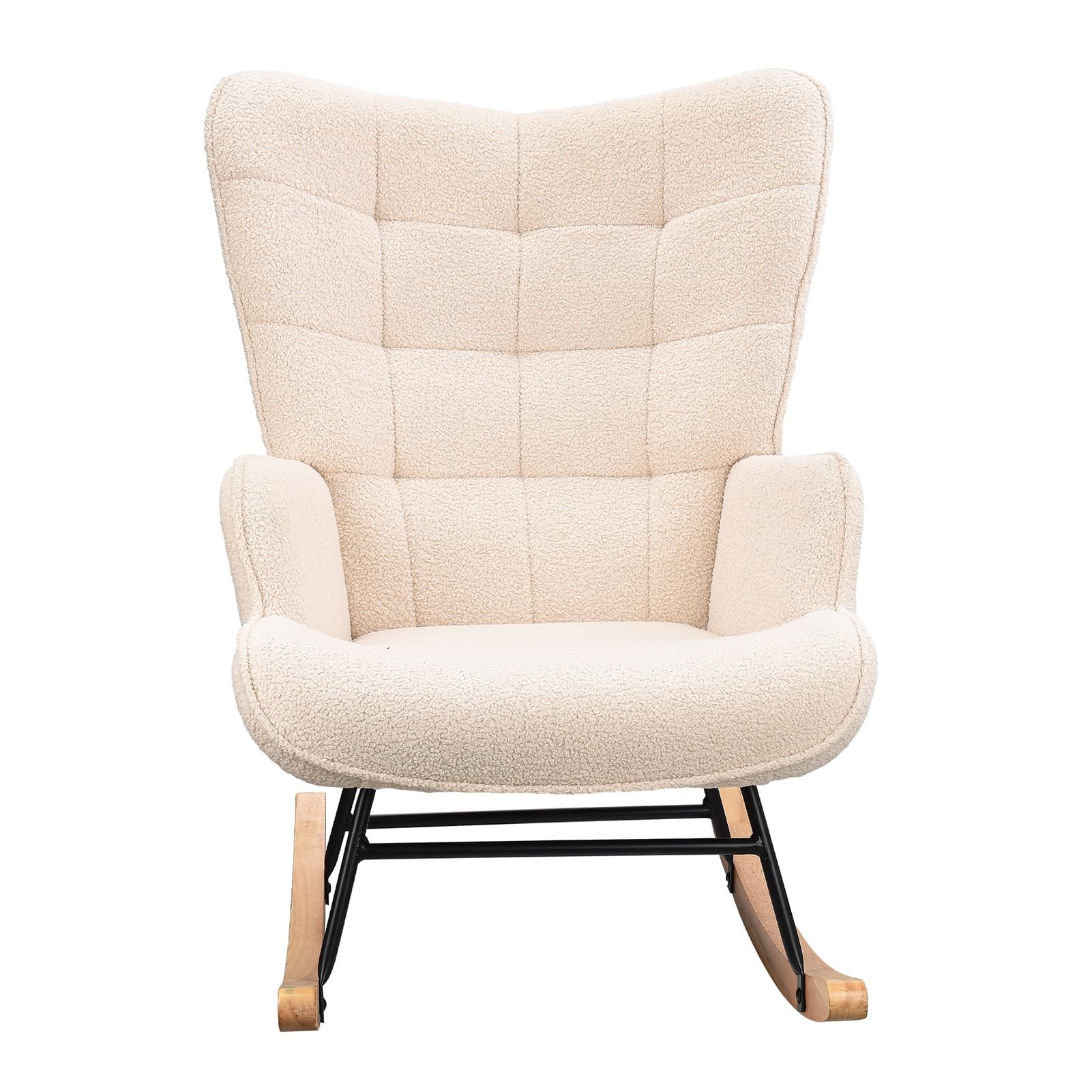 FEEOHOME Fauteuil à Bascule, Chaise à Bascule, Fauteuil Allaitement Chambre Bebe, Rocking Chair Allaitement, Velours Teddy pour Chambre à Coucher et Salon, Dossier à Carreaux