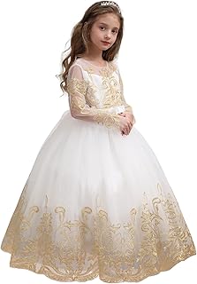 Fancy Flower Girl Dress for Wedding Kids Long Sleeves Lace Pageant Ball Gowns - Buy now