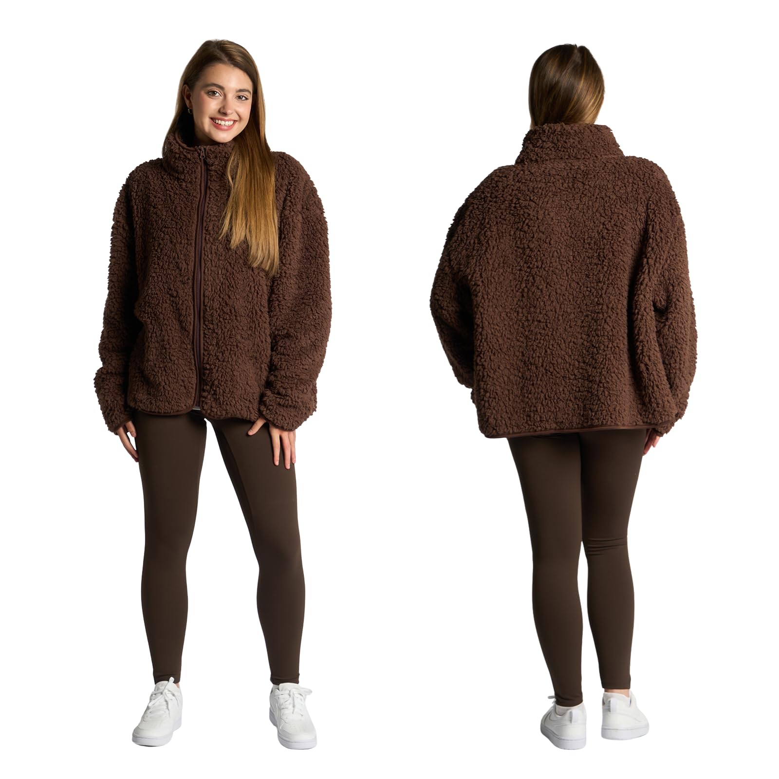 OHS Ladies Fleece Jackets Full Zip, Teddy Fleece Jacket Women Soft Cosy Warm Winter Womens Clothing Ladies Jackets Sweatshirt Fleece Top Long Sleeve Pullover for Travel Hiking, Chocolate Brown - S/M
