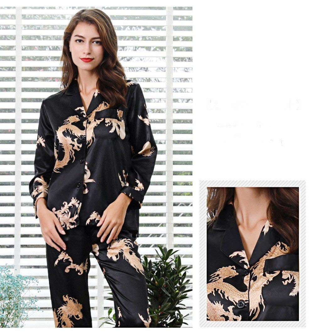 Pyjama Satin Femme,Ensemble De Pyjamas En Satin De Soie Pour Femmes 2Pcs Pantalons À Manches Longues De Style Chinois Nouvel An Dragon Print Vêtements De Nuit Pour Hommes Pyjamas Pour Couples (Noir
