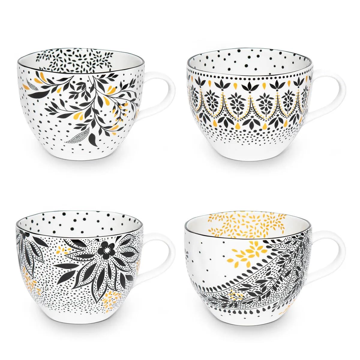 Portmeirion x Sara Miller London Artisanne Noir Set of 4 Mugs (400ml, H8.3cm) – Porcelain Coffee & Tea Mugs with Gold Detailing, Black & White Patterned Tableware