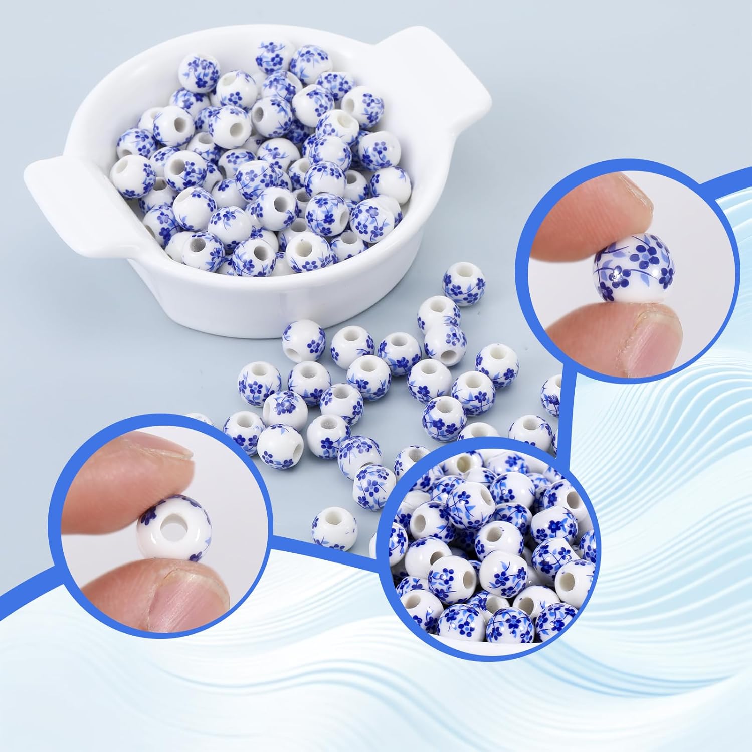 100Pcs Round Ceramic Beads, 8mm Blue Flower Beads, Handmade Porcelain Flower Round Bead Spacer Bead Craft Beading Kit for Jewelry Making and DIY Crafts - Image 3