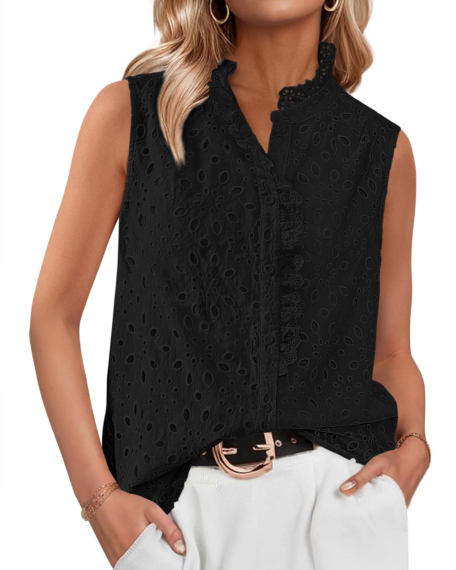 BTFBM Womens Sleeveless Button Down Shirts Ruffle V Neck Casual Hollow Out Eyelet Tops Boho Spring Vacation Blouse 2026