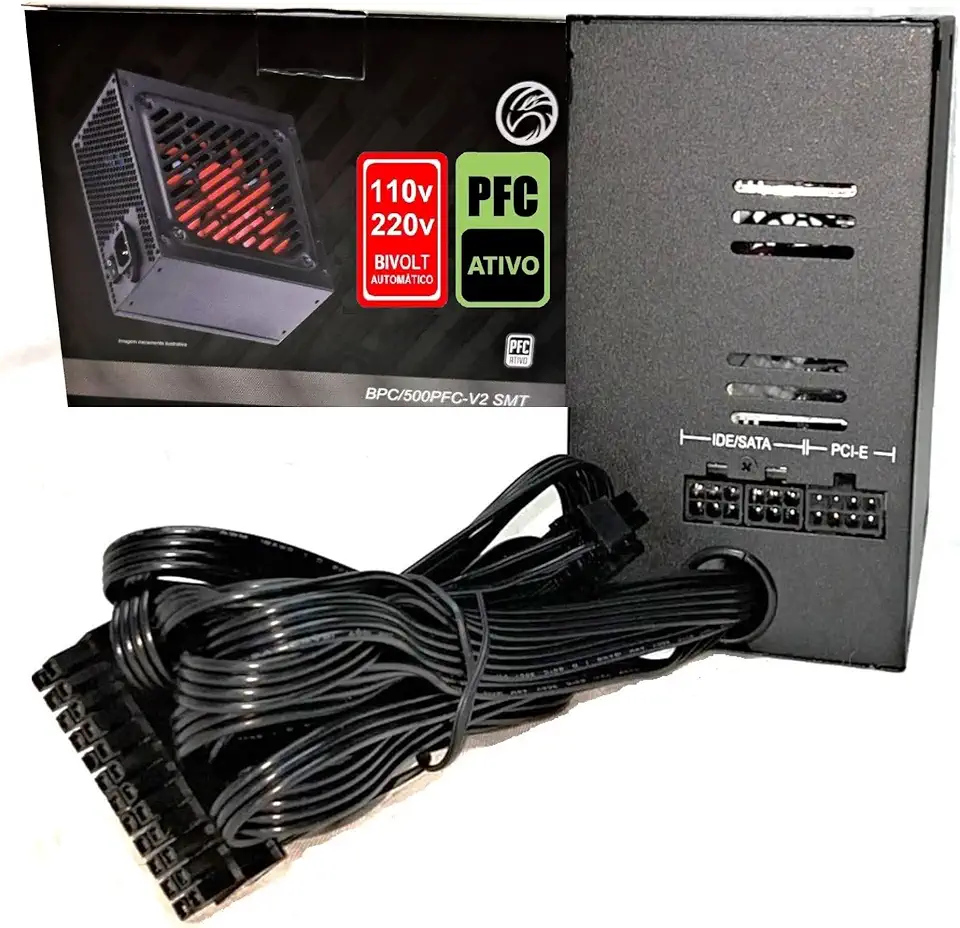 Fonte 500w Real PFC Ativo SEMI MODULAR Pci-e 8 Pinos 6+2 Pl Vídeo BIVOLT AUTOMÁTICO Silenciosa