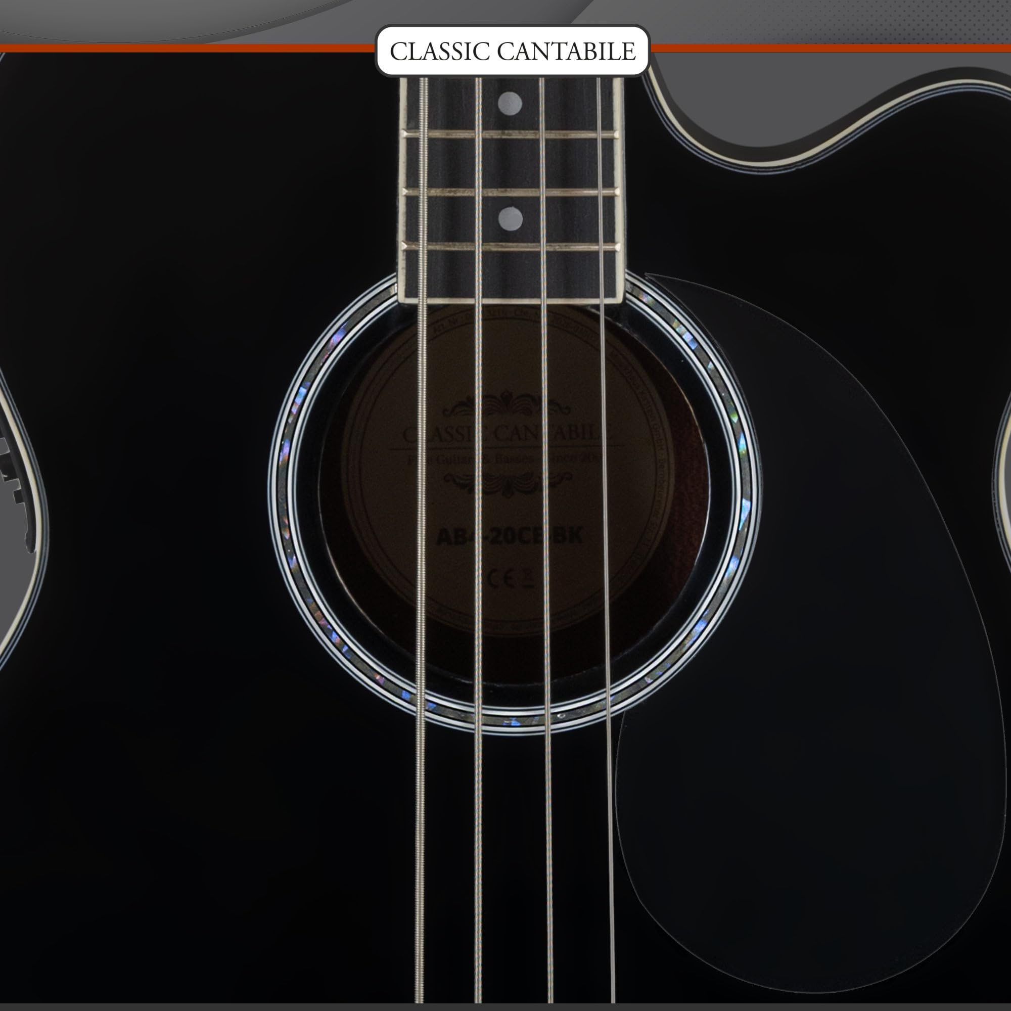 Classic Cantabile Short Scale Akustik Bass - 4 Saiten - Black Gloss Finish - Piezo Tonabnehmer & Cutaway - Decke aus Fichte - Boden & Zarge aus Okoume - Ideal für Einsteiger & Unplugged Sessions