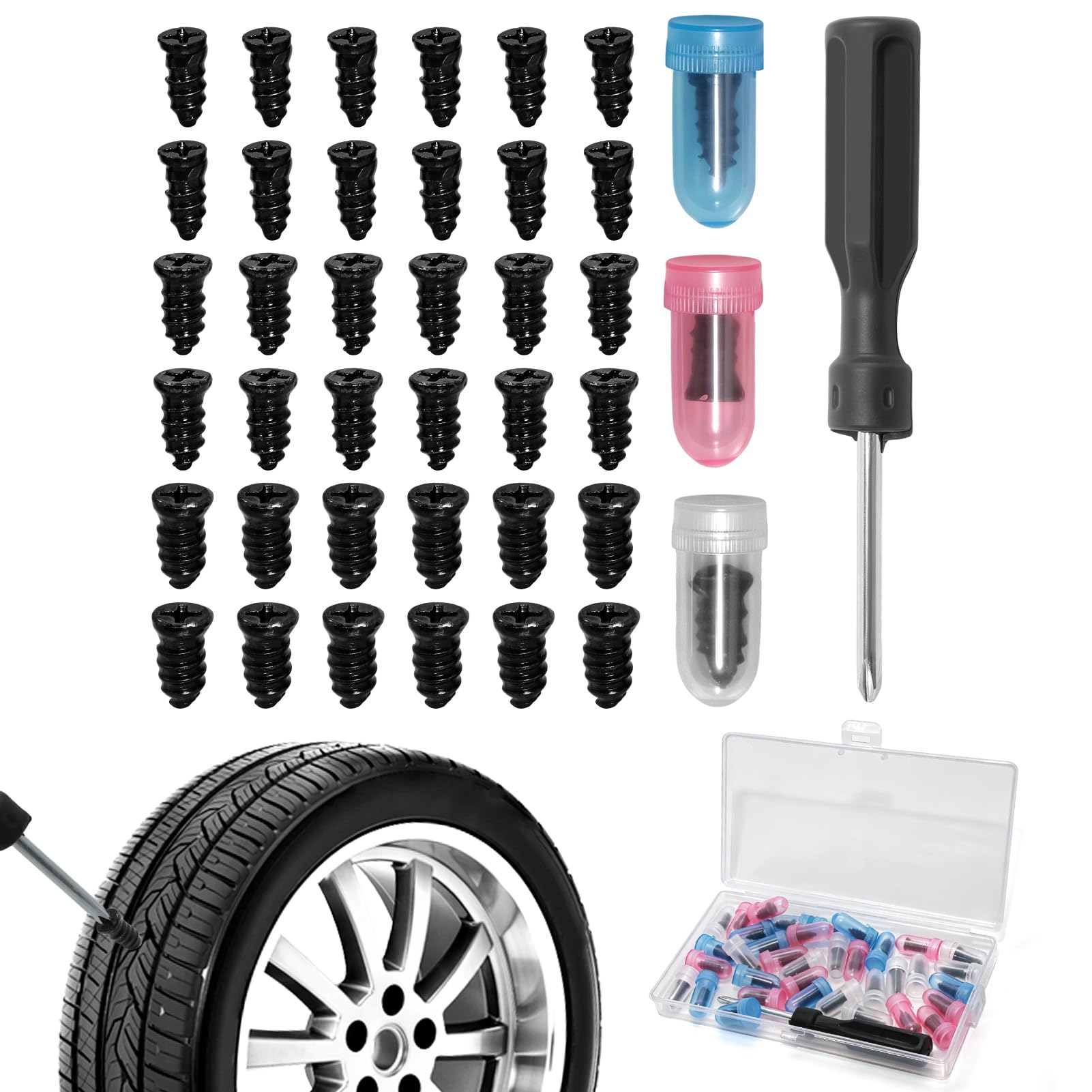 Reifenreparaturset Auto,36 Stück Vakuum Reifen Reparatur Nagel 3 Größen Reifenreparatur-Gumminagel mit Schraubendreher Reifen Reparaturset für Auto Motorrad Fahrrad