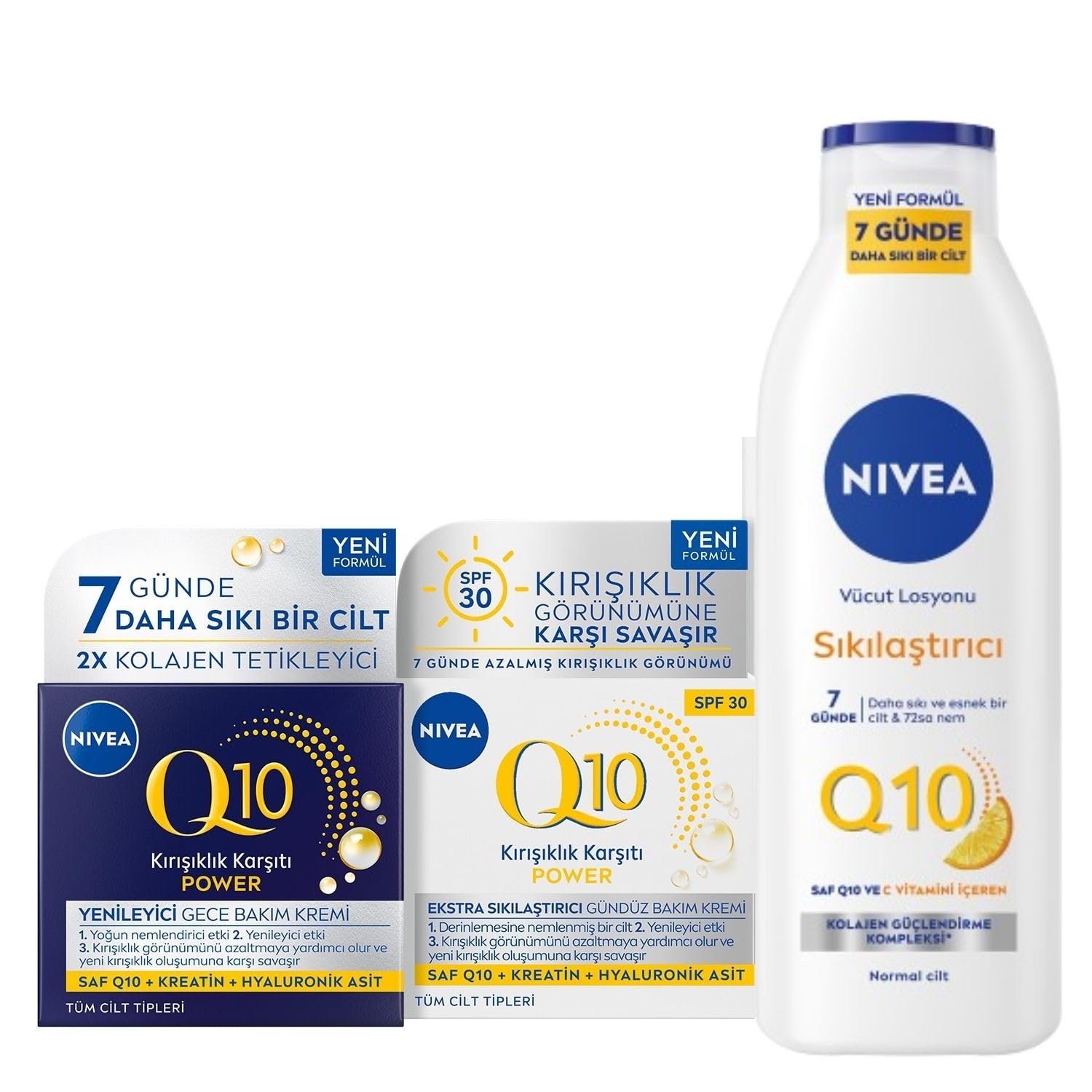 NIVEA Q10 Power Kırışıklık Karşıtı Gündüz Yüz Kremi SPF30 50 ml + Gece Bakım Kremi 50 ml + Sıkılaştırıcı Vücut Losyonu 250 ml
