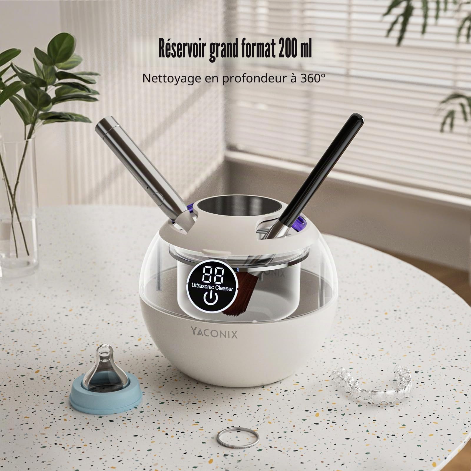 Nettoyeur de retenue dentaire à ultrasons 42 kHz avec 3 modes et minuteur numérique pour le nettoyage des prothèses, garde de nuit, alignement, appareils dentaires, brosse à dents, bijoux