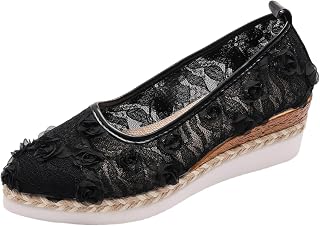 Ctreela Women's Sheer Lace Embroidery Wedge Shoes Trendy Summer Espadrilles Low Heel Wedges Almond Toe Pumps Slip On Shoes