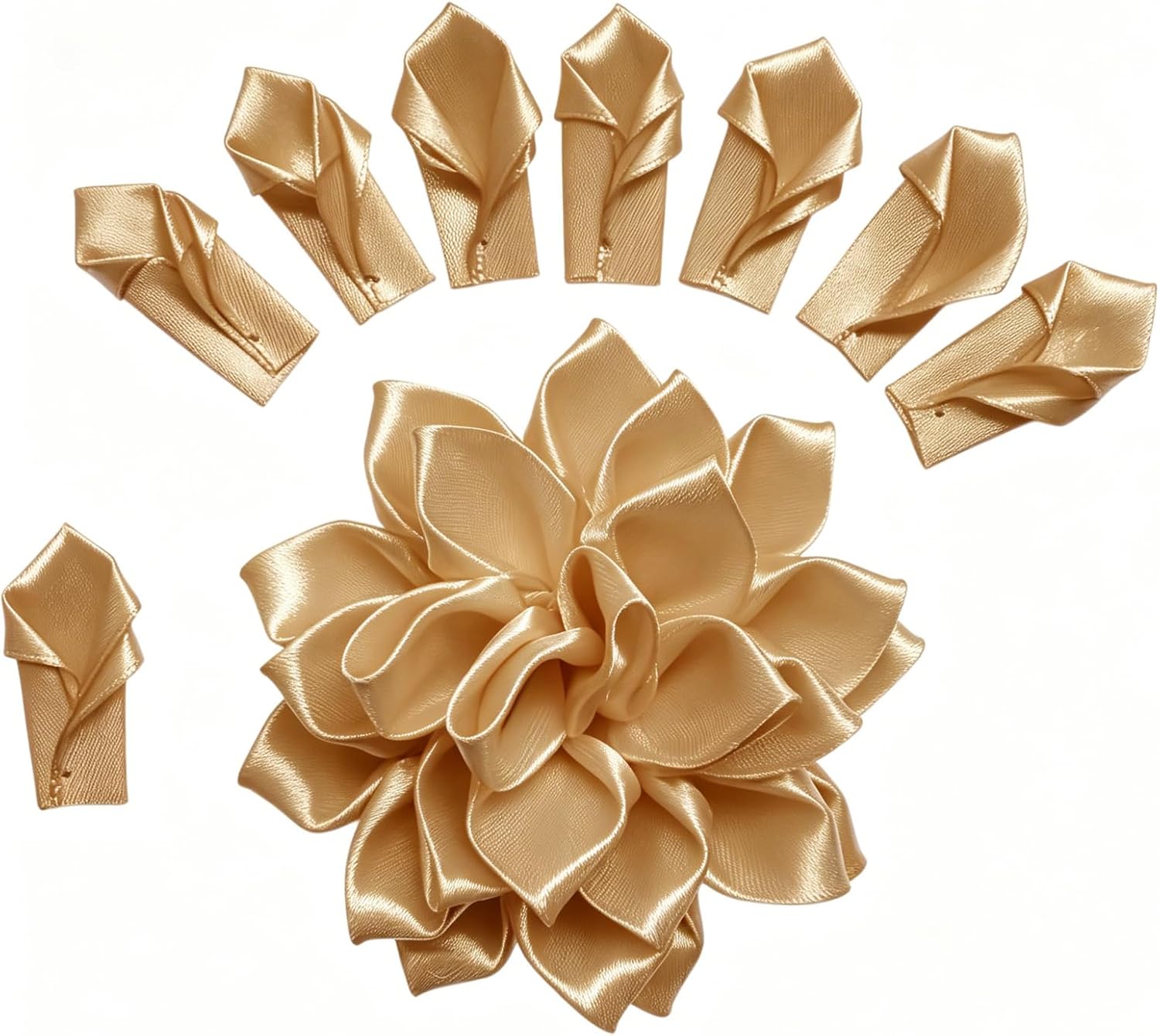 Pre-Made Satin Ribbon Rose Petal Dahlia Lotus Flower Petals, 300 Counts Semi-Finished DIY Floral Craft Supply for Bouquets and Arrangements, for Weddings Valentines Anniversaries, Gold Champagne